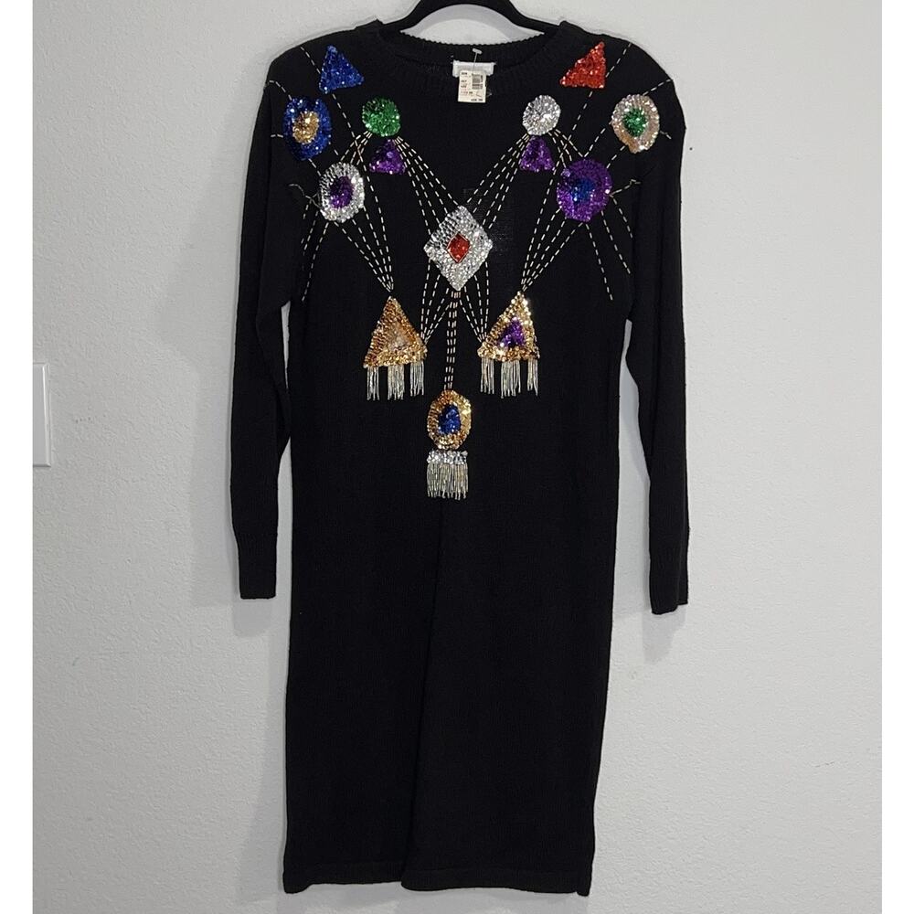 Vintage Mister Noah Sweater Dress Size L Black Beaded Sequins Knit Midi Vintage